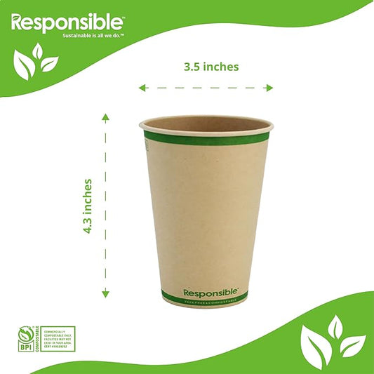 Certified Compostable 12 oz Paper Cups, Cold & Hot Coffee Cups, Disposable Paper Cups, Extra Strength Disposable Cups, Made without PFAS (50 count)