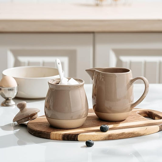 famiware Milkyway Ceramic Sugar and Creamer Set, 10oz Sugar Bowl & 13oz Creamer Set – Stoneware Milk Pitcher & Sugar Dispenser for Coffee Bar, Kitchen, Countertop, Coffee Serving Set, Cinnamon Brown