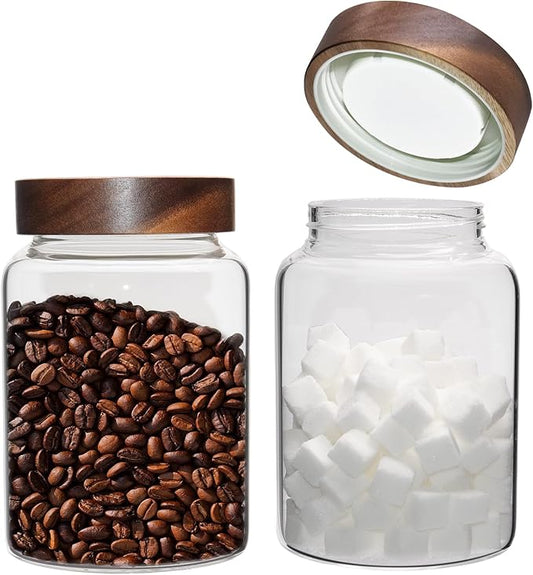Glass Coffee Jars Spice Jar Round Storage Canister with Wooden Lid Clear Glass Food Jar for Pantry Sugar Tea Coffee Bean Spice Nuts Cookies Bath Salts (1200ml/40oz-2pack-A)