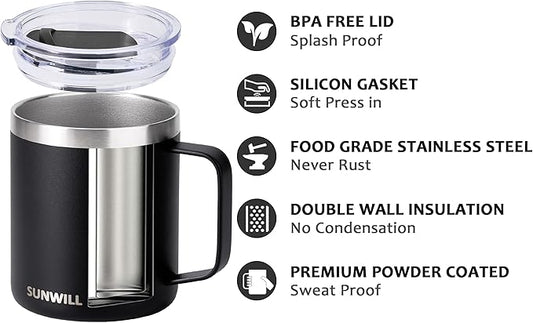 SUNWILL Travel Coffee Mug with Lid, Insulated Tumbler with Handle, 14oz Stainless Steel Cup for Camping, Outdoor, Powder Coated Black