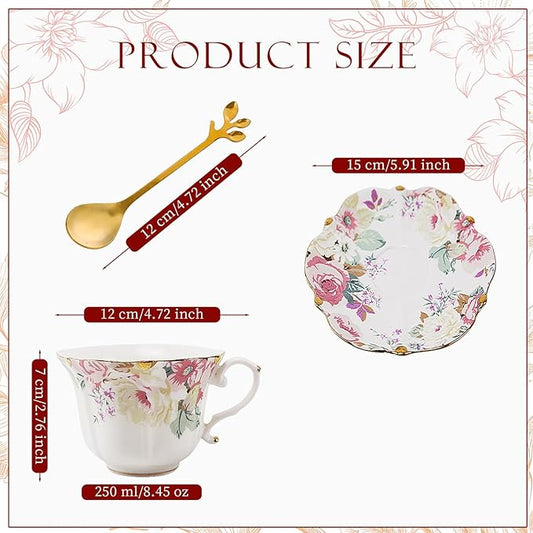 TATSUMI Country Roses Bone China Tea Cup and Saucer Set, 3 Pieces, Vintage Style, For Women and Tea Parties(Pink,1 Set)