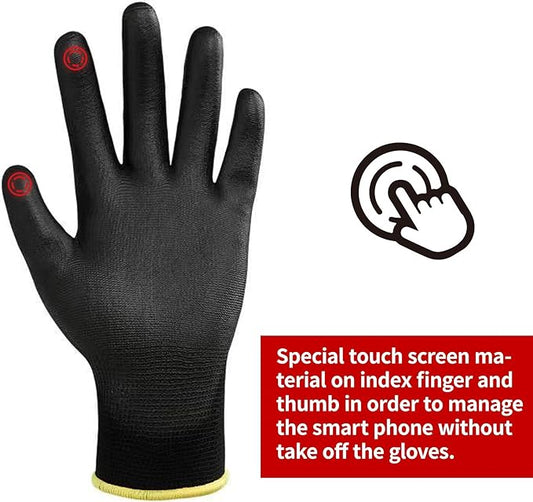 DULFINE Safety Work Gloves PU Coated for Men and Women-12 Pairs,Black Seamless Knit Glove with Two Fingers Touchscreen,Ideal for General Duty Work (Large)