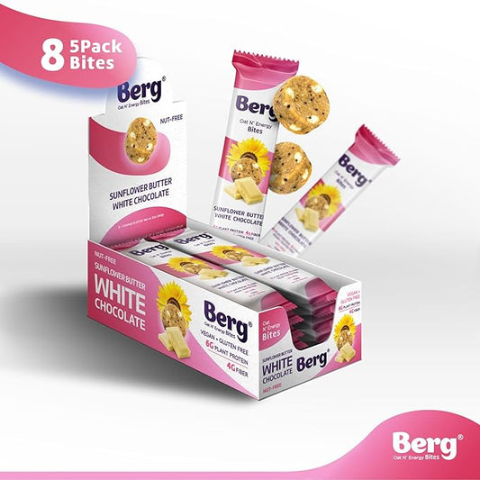 Berg Energy Bites Sunflower Butter & White Chocolate – Plant‑Based Protein Snack with 16 g Protein & 1 g Sugar – Vegan, Gluten‑Free, Low Sugar, High Fiber, Non‑GMO Prebiotic Bites – 1.5 oz (8 Pack)
