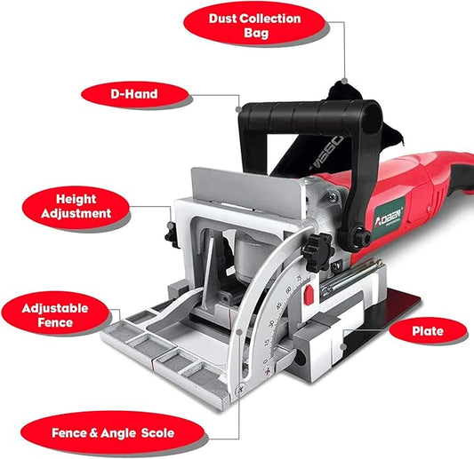 AOBEN Biscuit Cutter Plate Joiner 8.5 Amp With No. 0 Wood(30 Pcs) No. 10 Wood(30 Pcs) No. 20 Wood(50 Pcs), 4" Tungsten Carbide Tipped Blade, Adjustable Angle And Dust Bag