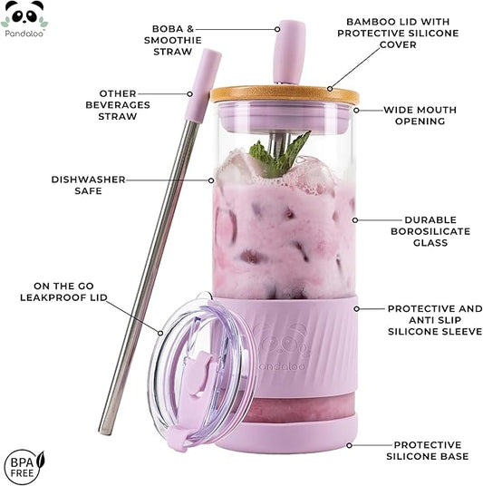 Pandaloo® Glass Cups With Lids and Straws -20 Fl Oz- Perfect Size Iced Coffee Cup - Smoothie Cup With Bamboo Lid and On the go Lid - Glass Tumbler With Straw (1 Count (Pack of 1), Lilac Rhapsody)