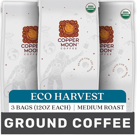 Copper Moon Ground Coffee, Organic Eco Harvest Blend, Medium Roast, 3 Bags (12 oz. Each)