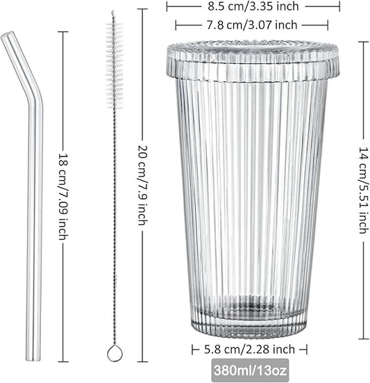 13oz Clear Iced Coffee Cups with Lids, Clear Glass Tumbler with Straw & Lid, Ribbed Glassware Cups, Dishwasher Safe Drinking Glasses, Stylish Glass Cups for Coffee, Juice, Tea, Matcha