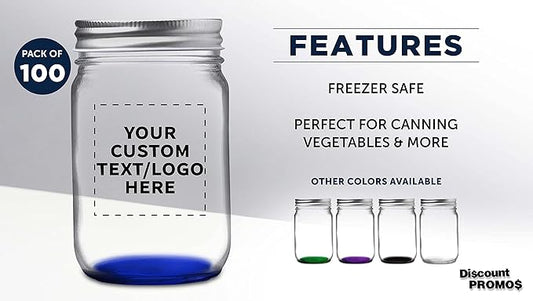 DISCOUNT PROMOS 100 Decorating Mason Jars Set, 12 oz. - Customizable Text, Logo - Canning, Aluminum Lid - Blue