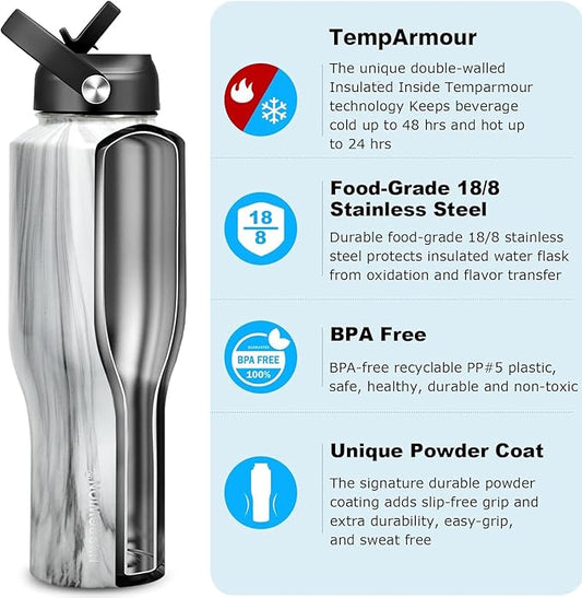 HYDROWION 40 oz Insulated Water Bottle with Straw fit in Car Cup Holder(Cold 48 hrs, Hot 24 hrs) Drinking Bottle with Straw Lid, Spout Lid and Flex Cap Leakproof Travel Thermo Mug,Marbling