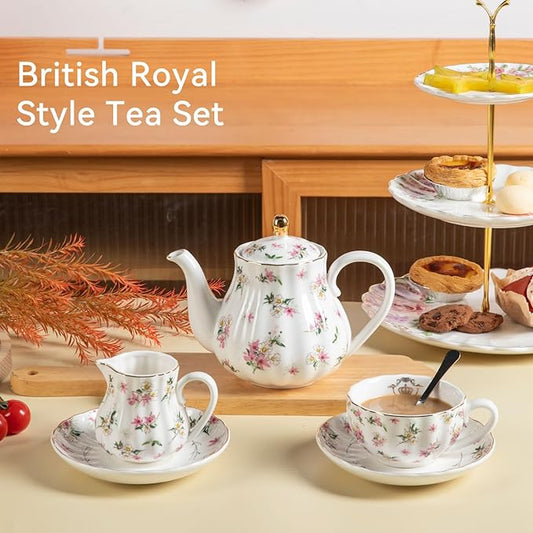 Porcelain Tea Sets British Royal Series, 8 OZ Cups & Saucer Service for 6, with Teapot Sugar Bowl Cream Pitcher Teaspoons and Tea Strainer, Suitable for High Tea, Wedding, Party(Spring Flowers)