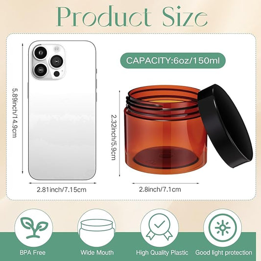 Patelai 4 Pieces Round Wide-mouth Leak Proof Plastic Container Jars with Lids for Travel Storage Makeup Beauty Products Face Creams Oils Salves Ointments DIY Making(6 Ounce,Amber)