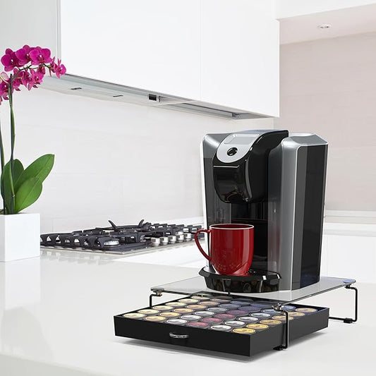 DecoBrothers Crystal Tempered Glass Holder Drawer for 36 Coffee Pods Storage, Black