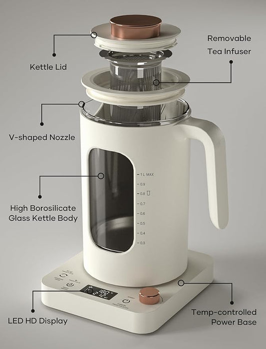 Electric Tea Kettle, INTASTING Glass Electric Kettle with tea Infuser and Precise knob temperature control, 1200W Fast Heating, BPA-Free, Easy to Clean, for Tea and coffee, 1 Liter (Cream White)
