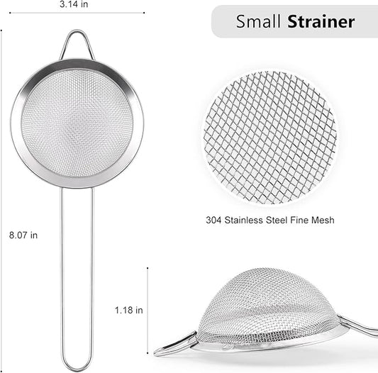 D Fine Mesh Strainer, Stainless Steel Sieve Sifter with Handle, Small Metal Strainer for Loose Tea, Juice, Drink, Herbs, Mini Sifter for Flour, Matcha, Kitchen, Baking, 3-Inch (8x3, Silver)