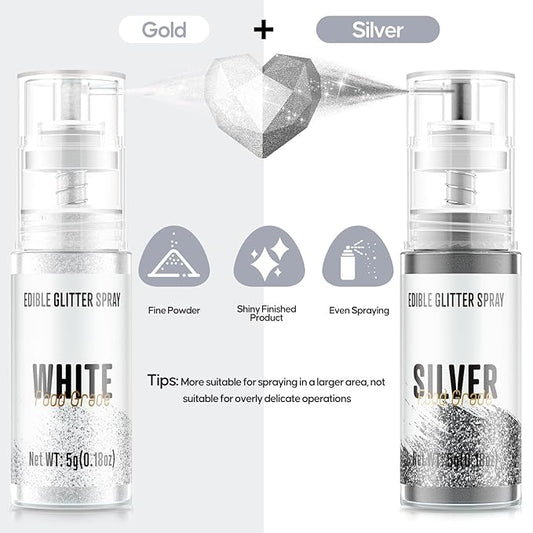 Edible Glitter Spray,2 Colors Silver & White Food Grade Edible Glitter Set for Drink Cake Beverages,Cupcakes,Cake Pops and Cookies Decorating