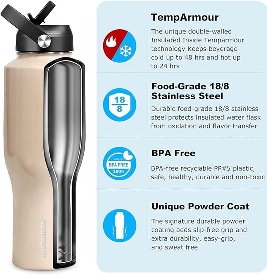 HYDROWION 40 oz Insulated Water Bottle with Straw fit in Car Cup Holder(Cold 48 hrs, Hot 24 hrs) Drinking Bottle with Straw Lid, Spout Lid and Flex Cap Leakproof Travel Thermo Mug,Laser Pink