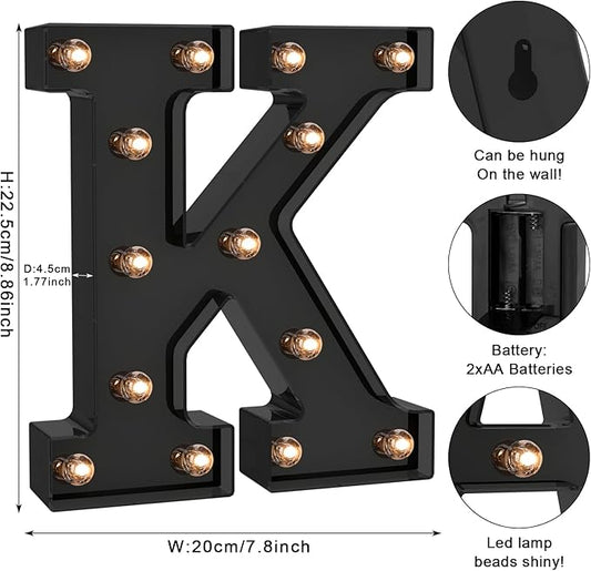 Foaky Black LED Letter Lights for Room Decor - Bedroom Wall Decor, Alphabet Lights for Home, Wedding, Party - Battery Operated (K)