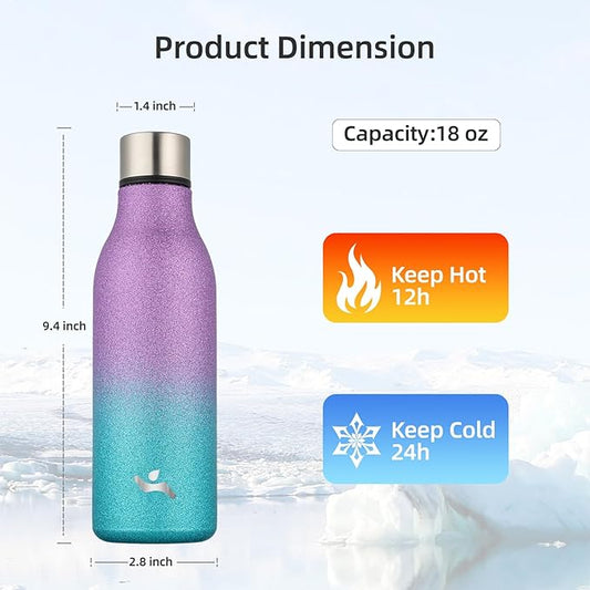 Insulated Water Bottle with Strap,18 oz Double Wall Stainless Steel Vacuum Bottles Metal Water Flask,Sparkling Purple Green