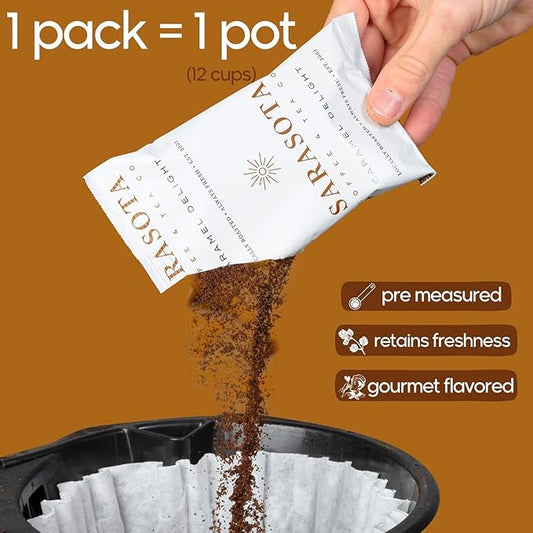 Sarasota Coffee Packs Bulk Ground Packets | Salted Caramel Flavored | Gourmet Gift Sampler | Low Acid Mold Free Individual Single Pot Pouches for 12 Cup Coffee Maker | 1.75 Oz Bags, 100 Count