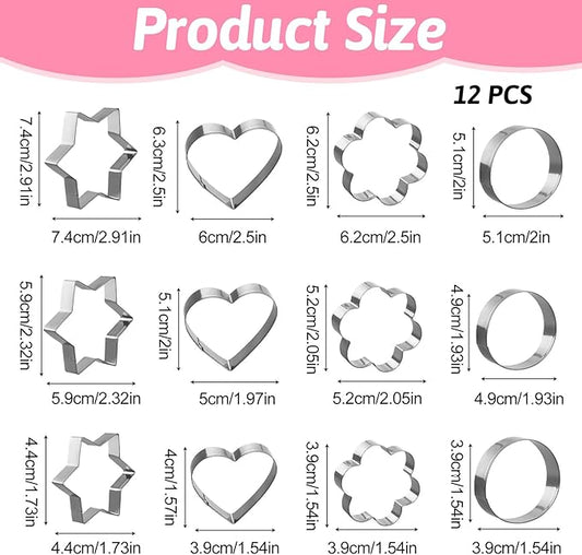 12 Pcs Cookie Cutters Biscuit Cutter Fruit Cutter Shapes Stainless Steel Fondant Cake Mold Heart Flower Star Round Shapes Metal Cutters for Baking