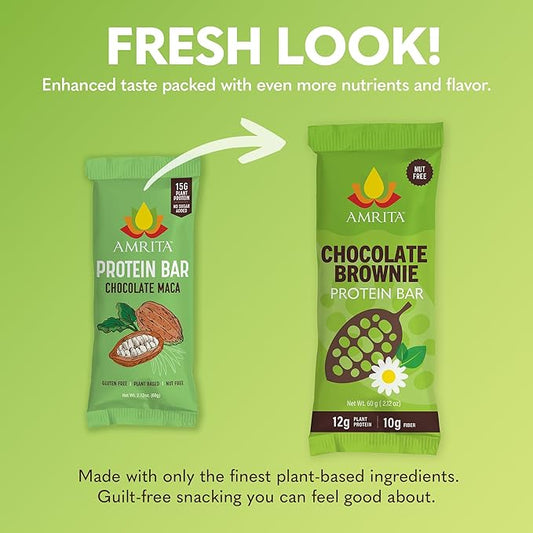 Amrita Nut Free Chocolate Brownie Vegan Protein Bars (12 Count) | 12g Plant-Based Protein Bar | Peanut Free, Gluten Free, and Dairy Free | Low Sugar, High Fiber, Healthy School-Safe Snacks