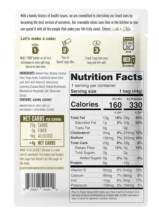 Sweet Logic Keto Dessert Mug Cake Mixes - Lemon Poppyseed - Low Sugar - Gluten-Free - Low Carb - Diabetic-Friendly Sweets - Natural Ingredients - High Protein - Delicious Keto Treats (4 Pack)