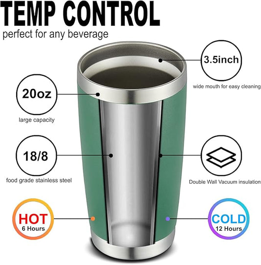 COMOOO 20oz Double Wall Vacuum Insulated Travel Mug, Stainless Steel Tumbler with Lid and Straw Durable Powder Coated Insulated Coffee Cup for Cold & Hot Drinks(Dark Green, 6 Pack
