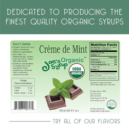 Joe’s Syrup Organic Flavored Syrup, Organic Crème de Mint, 750 ml (3 Pack)