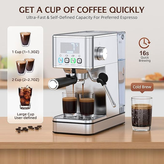 Espresso Machine 20 Bar, Stainless Compact Espresso Maker with Steam Milk Frother, 57.5OZ Water Tank, Touch Screen Indicator of Making Time, for Latte, Cappuccino, Silver (2025 updated model)