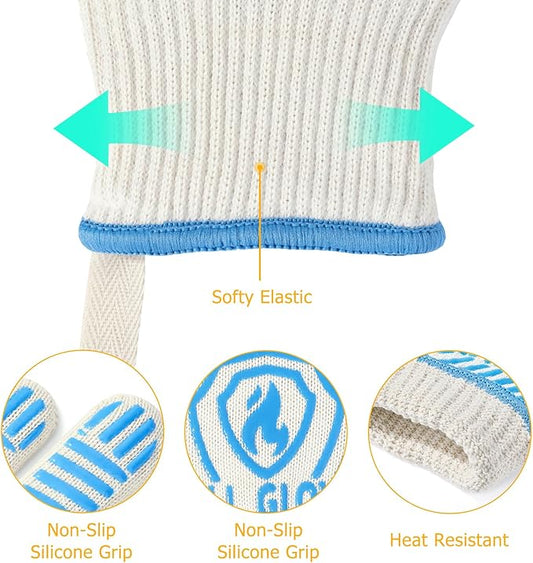 QUWIN BBQ Gloves, Oven Gloves 1472℉ Extreme Heat Resistant, Grilling Gloves Silicone Non-Slip Oven Mitts, Kitchen Gloves for BBQ, Grilling, Cooking, Baking-1 Pair… (Blue, One Size(Long Cuff))