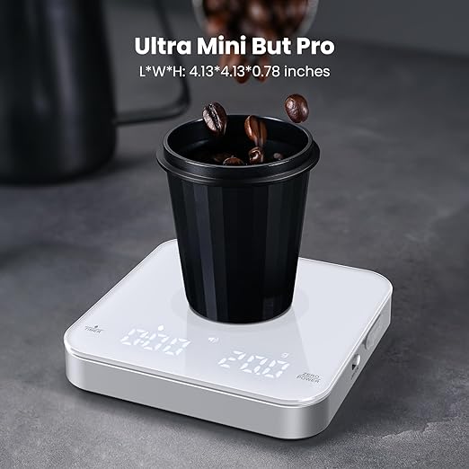 Rechargeable Mini Coffee Scale with Timer, Maestri House Espresso Scale, 2kg/0.1g Accurate Scale for Espresso and Pour-Over Coffee, Portable Digital Kitchen Scale with Automatic Timing(White&Silver)