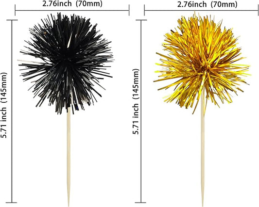 Gyufise 30Pcs Foil Firework Cupcake Toppers Sparkle Tinsel Cake Toppers Tinsel Drink Cake Decoration Cocktail Picks for Birthday Wedding Graduation Party Supplies Gold Black