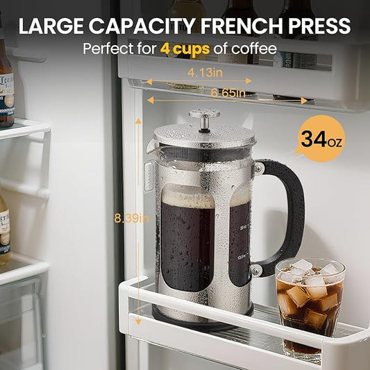 BAYKA 34oz French Press Cold Brew Coffee Maker, Heat and Cold Resistant Thickened Borosilicate Glass Stainless Steel Press Percolators, Iced Tea Pot Pitcher for Kitchen Travel Camping,1 Liter,Silver