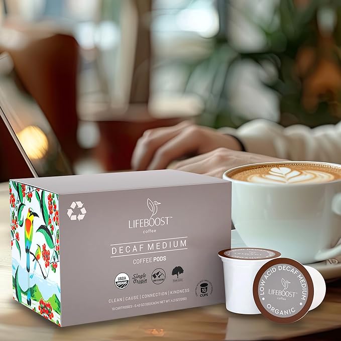 Lifeboost Organic Decaf Coffee K Cups - Low Acid Single Origin Non-GMO Mold Free Decaf Coffee Pods Compatible with Keurig & Keurig 2 - No Mycotoxins or Pesticides - 10 Count (Pack of 2)