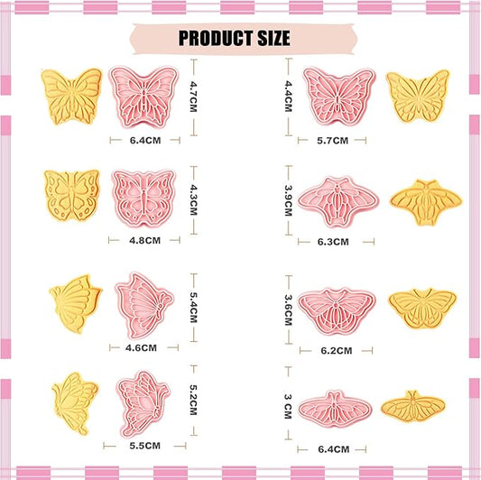 Butterfly Cookie Cutters 8 Pcs Plastic Biscuit Cutter Set 3D Pressable Cake Baking Fondant Embosser Stamps for Party Decoration Pastry Tools (F8)