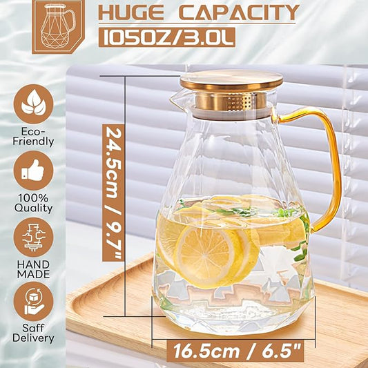 Yirilan Glass Pitcher, 3 Liter Water Carafe With Lid, Iced Tea Pitcher for Fridge