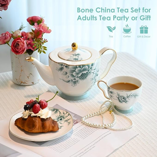 ACMLIFE Bone China Tea Cups and Saucers for 1, 6.8 oz Teacup Set for Adults, with Gold Trim and Gift Box, Blue and White Chinese English British Wedding Tea Set for One Coffee Cup Set (Blue-Leaf)