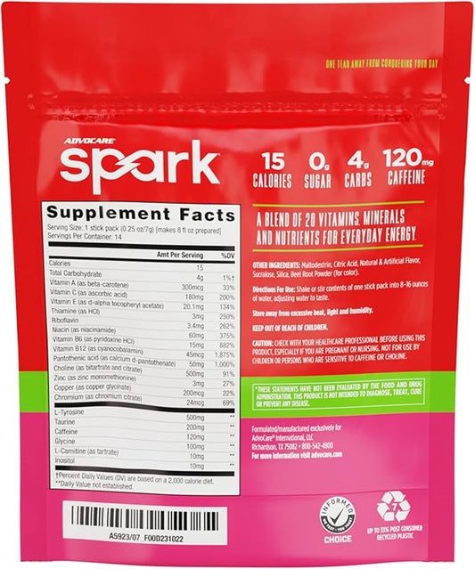 AdvoCare Spark - Energy Drink Mix - Vitamin & Amino Acid Supplement - Supports Energy & Focus* - Portable Immune Support* - Sugar-Free - Strawberry, 14 Stick Packs (3.5 oz)