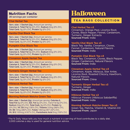 Gya Tea Co Halloween Assorted Tea Bags Variety Pack - 20 Bags 7 Seasonal Flavors - Caffeinated & Caffeine Free Holiday Tea Sampler Gift Set Box - Easy Brew, Natural Ingredients, Enjoy Hot or Iced