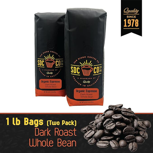San Diego Coffee Organic Espresso, Dark Roast, Whole Bean Coffee, 16-Ounce Bags (Pack of 2) Café en grano tostado