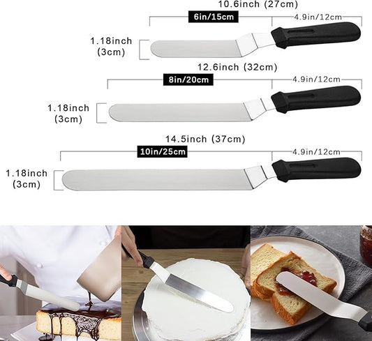 Offset Spatula Set with Pink Cake Scrapers, 3 Pack Angled Frosting Spatulas (6, 8, 10 inch) & 3 Cake Smoother Scrapers, Stainless Steel Icing Spatula for Cake Decorating, Baking & Pastry