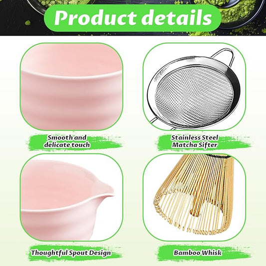 Matcha Set, 6 Pcs Matcha Whisk Set with 20 oz Bowl, Bamboo Whisk for Matcha Tea, Matcha Bowl, Ceramic Matcha whisk Holder, Stainless Sifter and Scoop - Gift for matcha kit Lovers(Pink)