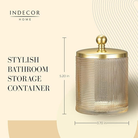 Glass Jar with Metal Lid for Bathroom Organization, Clear Apothecary Jar for Cotton Balls, Q Tips, and Small Accessories, Stylish Bathroom Storage Container Tan, Gold