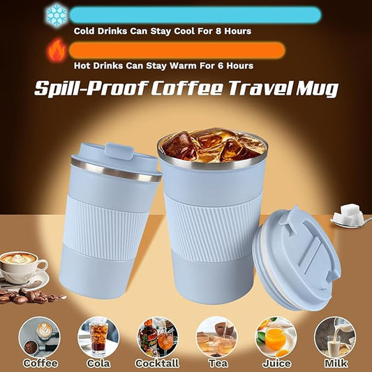 Vacuum-Insulated Stainless Steel Travel Coffee Mug, Leak-Proof Reusable Coffee Cup with Lid - Keep Hot & Cold Drinks for Hours, Durable Thermos Tumbler for Men & Women (3rd-Light Blue, 12OZ)