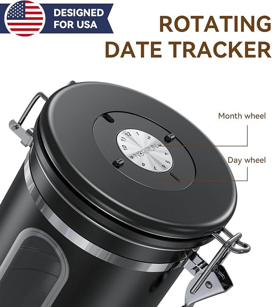 Coffee Canister With Window,22oz Stainless Steel Airtight Coffee Bean Storage Grounds Container with Date Tracker and Scoop,Grounds Kitchen Food Canister Jar for Beans,Tea,Sugar,Flour,Cereal