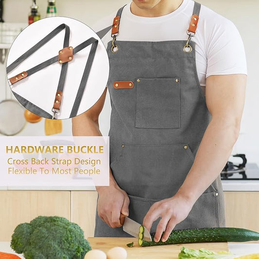 Canvas Aprons for Men Chef Apron, Work Apron with Large Pockets - 16oz Heavy Duty Cross Back, BBQ, Cooking
