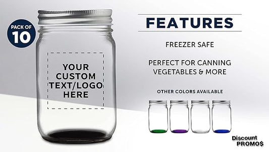 DISCOUNT PROMOS 10 Decorating Mason Jars Set, 12 oz. - Customizable Text, Logo - Canning, Aluminum Lid - Black