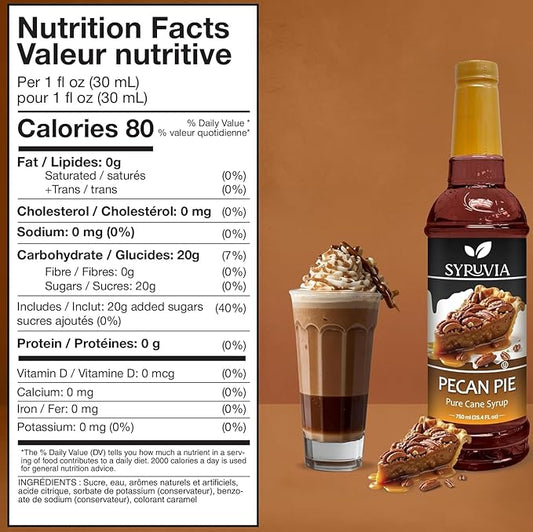 Syruvia Pecan Pie Syrup – 25.4 fl oz Syrup for Coffee, Lattes, Shakes, Smoothies, Desserts – 100% Vegan, Gluten Free, Kosher – Delicious Coffee Syrup