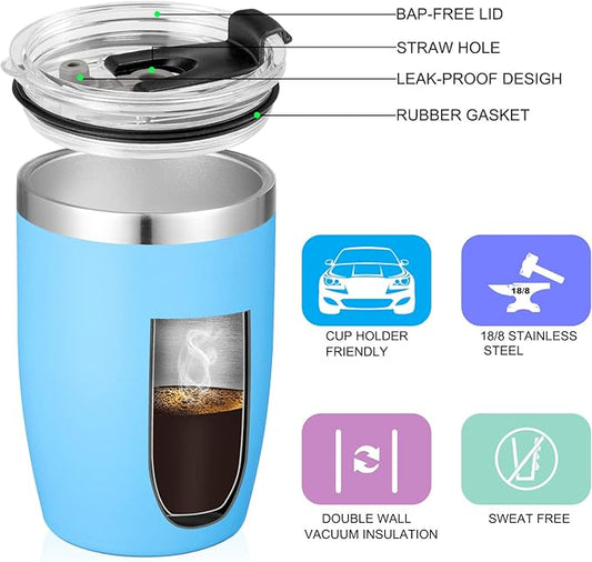 VEGOND Stainless Steel 12 oz Tumblers bulk Vacuum Insulated Double Wall Travel Tumbler with Lid and Straw Reusable Tumbler, Sky Blue 1 Pack