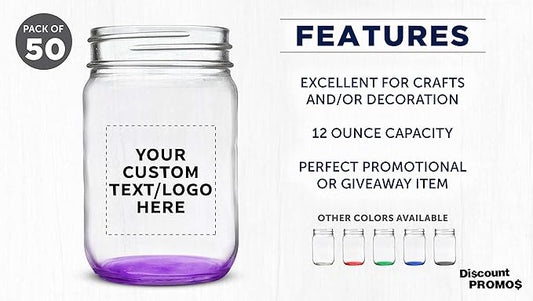 DISCOUNT PROMOS Custom Decorating Mason Jars 12 oz. Set of 50, Personalized Bulk Pack - Glass Jars for Overnight Oats, Candies, Fruits, Pickles, Spices, Beverages - Purple